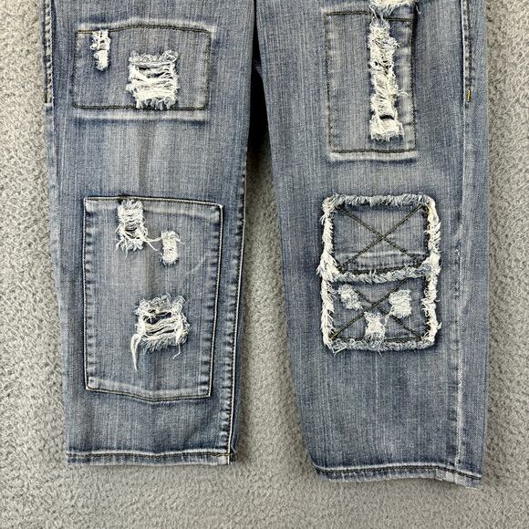 Y2K Mudd Jeans Sz 5 Grunge Skater VTG Crop Distressed Patched Low Rise Jean - Picture 3 of 11